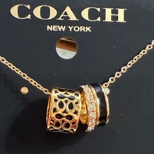 Coach Gold and White with black rhinestones Ring Pendant Necklace - NWT